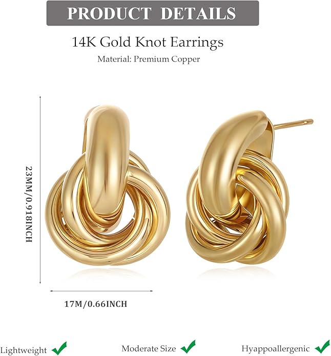 14K Gold Plated Knot Earrings for Women Gold Silver Earrings Heart Link Drop Dangle Earring Chunky Golden Knotted Statement Jewelry