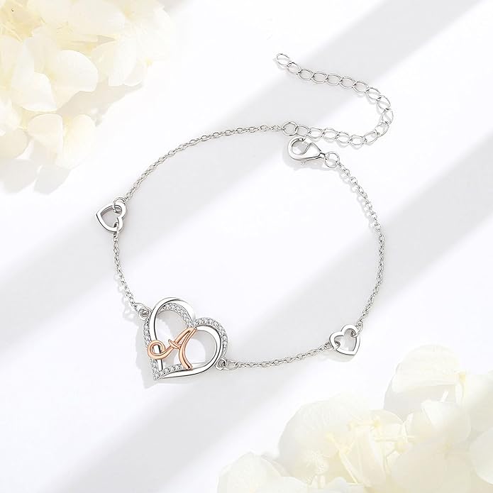 INFUSEU 925 Sterling Silver Initial Heart Ring for Women Girls, Adjustable Size