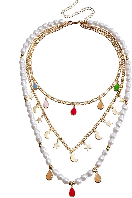Layered Beaded Paperclip Chain Faux Pearl Star Moon Charm Colorful Boho Necklace for Women Alloy Crystal Long Draped Pendant Two Styles Gold Tone