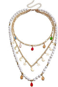 Layered Beaded Paperclip Chain Faux Pearl Star Moon Charm Colorful Boho Necklace for Women Alloy Crystal Long Draped Pendant Two Styles Gold Tone