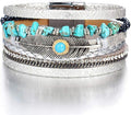 Fesciory Leopard Bracelet for Women, Boho Leather Wrap Multi-Layer Pearl Crystal Bracelet Bangle Jewelry