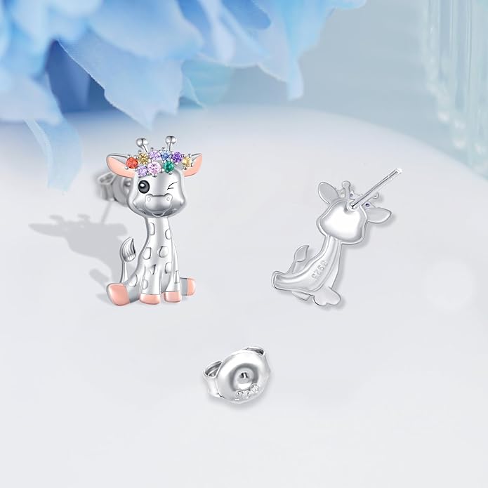 Axolotl/Highland Cow/Panda/Giraffe Stud Earrings 925 Sterling Silver Cute Animal Earrings with with Colored Zircon Animal Jewelry Gift for Girls Women