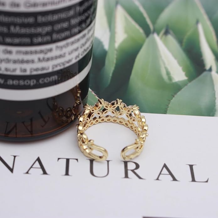 18K Gold Plated Cubiz Zirconia Wedding Engagement Wide Adjustable Band Ring for Women