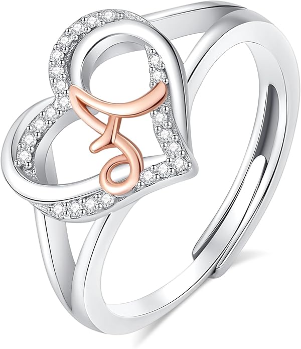 INFUSEU 925 Sterling Silver Initial Heart Ring for Women Girls, Adjustable Size