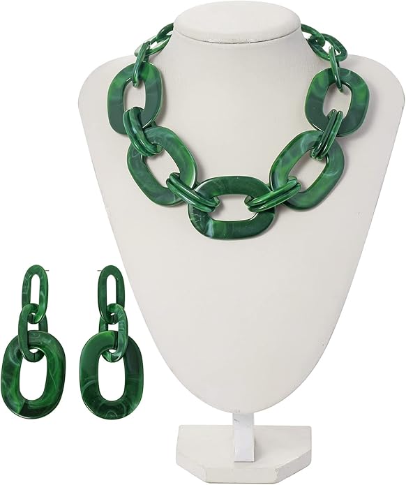 Bocar Acrylic Chunky Statement Necklace for Women Cube Link Chain Collar Necklace and Hoop Earrings Costome Jewelry Set