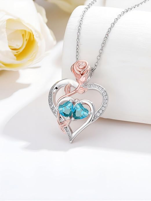 Rose Flower Heart Pendant for Women Birthday Gifts 18k Gold Plated Mother Daughter Necklace with 12 Months Birthstone Christmas Valentines Day Gifts for Her Mom Anniversarry Jewelry for Mom Wife Girlfriend