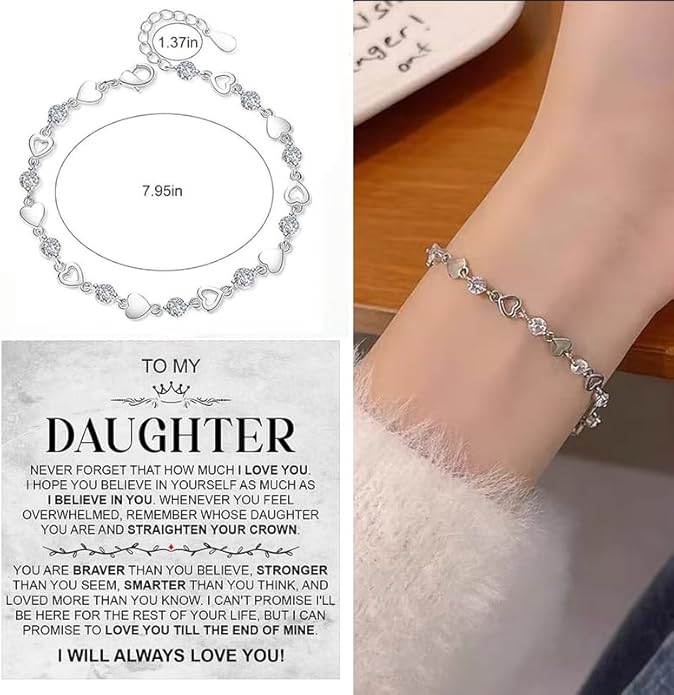 To My Daughter Bracelet, Silver Heart Chain Bracelet with Shiny Stones, Perfect Birthday or Graduation Christmas Gift for Daughter with Message Card Gift Box