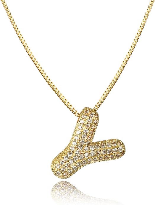 SKQIR Diamond Initial Letter Necklace for Women Bubble Gold Plated Puffy Balloon Alphabet Crystal Zircon Pendant Name Necklace Dainty Charms Trendy Jewelry Gift for Women