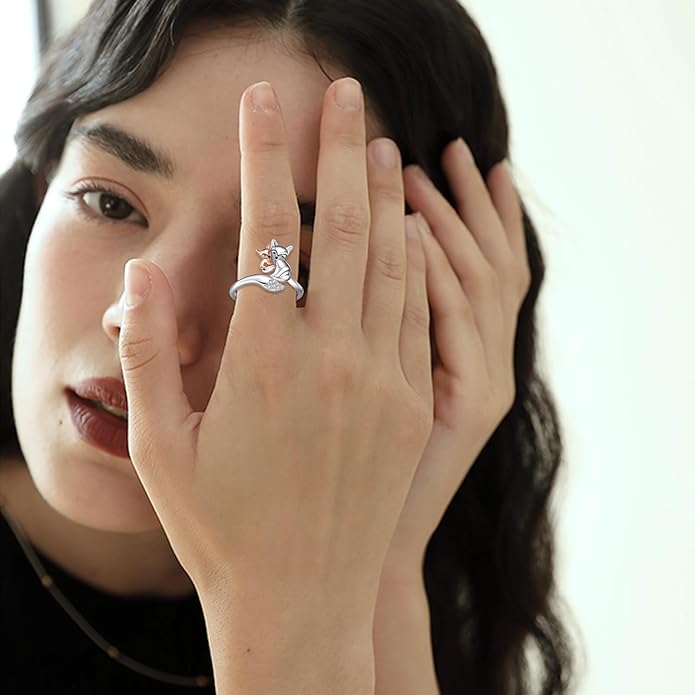 POPLYKE Frog/Wolf/Dragonfly/Hummingbird/Fox/Elephant/Panda/Red Panda/Angel Wings Rings for Women Men 925 Sterling Silver Anxiety Rings Open Rings Jewelry
