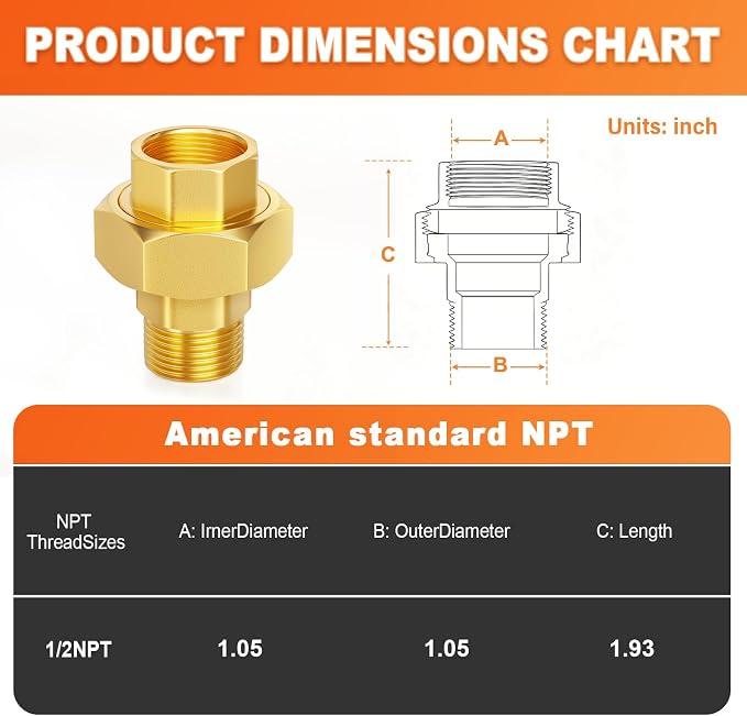 GASHER 5PCS 1/2"NPT Brass Union Pipe Fitting | 1/2 Inch Male x 1/2 Inch Female - Image 3