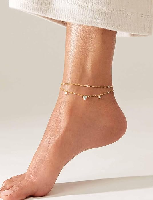 RLMOON Gold Anklets for Women CZ Ankle Bracelet 14K Gold/Silver Plated Waterproof Dainty Layered Tennis Heart Dot Chain Silver Anklets Trendy Foot Jewelry