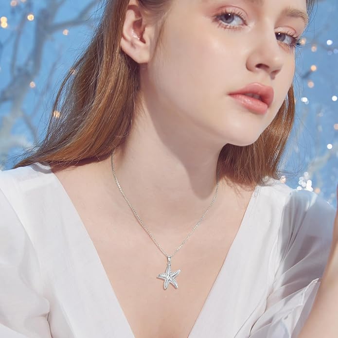 MONGAS Starfish Necklace for Women 925 Sterling Silver Starfish Pendant Beach Ocean Necklace Jewelry for Women
