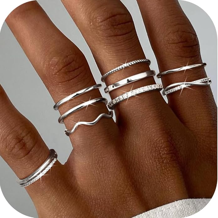 Jstyle Gold Stackable Rings for Women Non Tarnish Open Adjustable Rings Cubic Zirconia Thin Thumb Silver Ring Set 14K Gold Filled Pinky Knuckle Stacking Set - Dainty Statement Promise Band Ring Sets