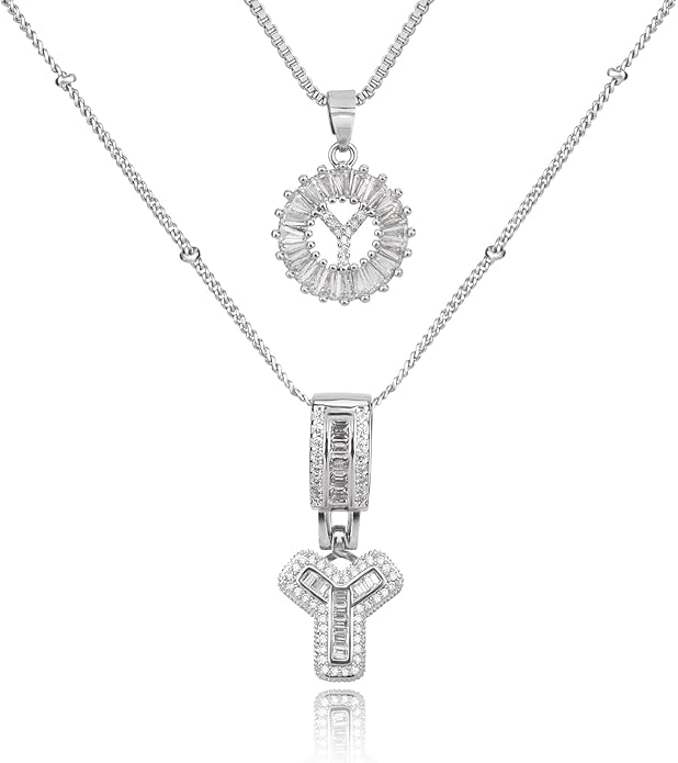 Initial Letter Necklace for Women 14k White Gold Silver Plated Dainty Necklaces Trendy Chunky Custom Layered Necklace Set Personalized Round Circle Zirconia A-Z Letter Chain Pendant Jewelry Gift