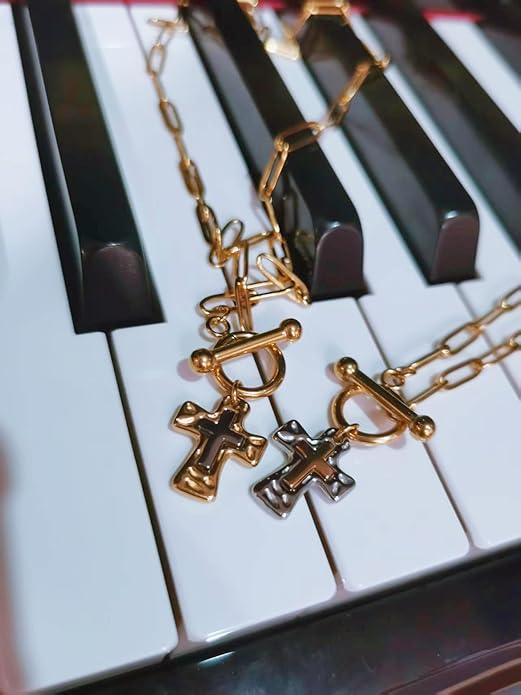 MQV Chunky Statement Gold Hammered Bold Cross Necklace Thick Chain Vintage Chain Pendant Jewelry