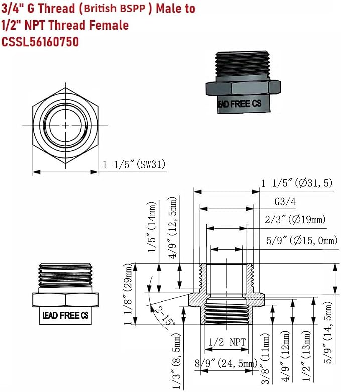 Cascada 3/4" G Thread Male to 1/2" NPT Thread Female Pipe Fitting Adapter - Image 3