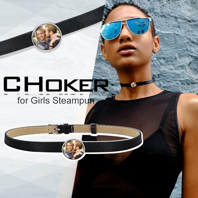 Custom4U Personalized Black Leather Choker Necklace with Picture/Name/Initials/Letters Charm,Custom Made Adjustable Choker Collar Gothic Punk Necklaces Jewelry Gifts for Women