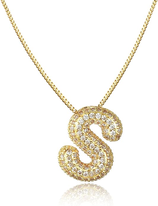 SKQIR Diamond Initial Letter Necklace for Women Bubble Gold Plated Puffy Balloon Alphabet Crystal Zircon Pendant Name Necklace Dainty Charms Trendy Jewelry Gift for Women