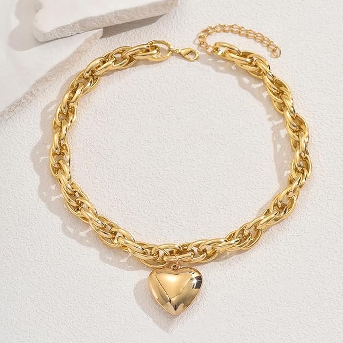 Chunky Gold Heart Necklace for Women,Y2K Big Heart Statement Necklace Long Puffy Hearts Chain Charm Necklaces Trendy Jewerly