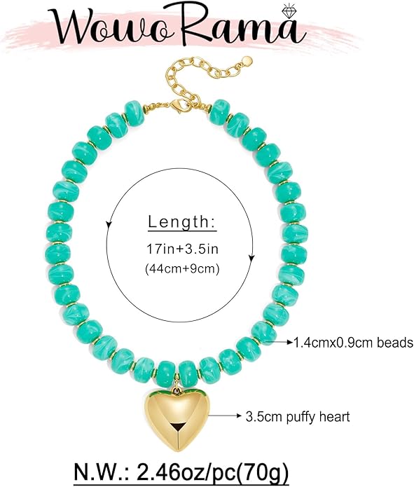 WOWORAMA Chunky Heart Necklaces for Women Colorful Resin Beaded Choker Necklace Gold Puffy Heart Statement Necklace Trendy Acrylic Choker Jewelry