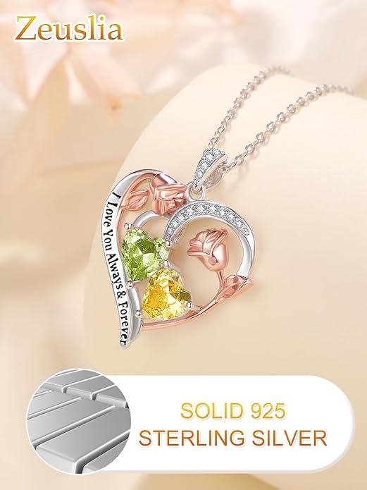 Valentine's Day Gifts for Wife 925 Sterling Silver Double Birthstone Pendant Necklaces I Love You for Always and Forever Necklace Anniversary Birthday Gifts for Wife Girlfriend Mom Her