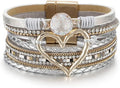 Fesciory Leopard Bracelet for Women, Boho Leather Wrap Multi-Layer Pearl Crystal Bracelet Bangle Jewelry