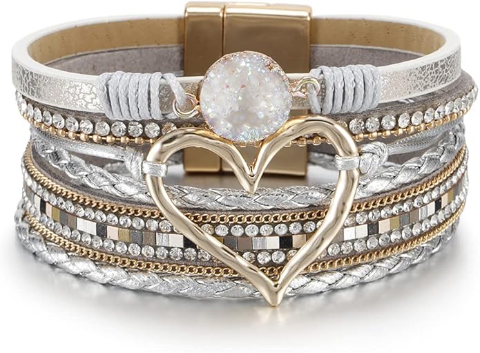 Fesciory Leopard Bracelet for Women, Boho Leather Wrap Multi-Layer Pearl Crystal Bracelet Bangle Jewelry