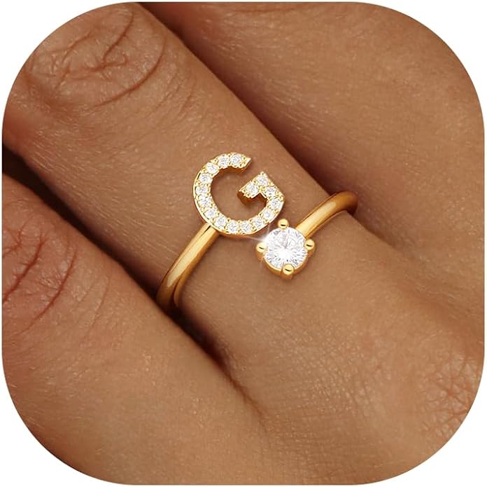 Valentines Day Gifts Gold Silver Initial Rings for Women Non Tarnish Dainty 14k Gold Plated Stackable Rings for Women Trendy Adjustable Letter Cubic Zirconia Pinky Ring Cute Open Birthday Gift Jewelry