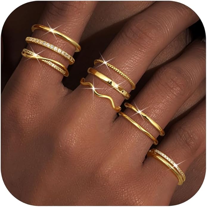 Tungary Gold Stackable Rings for Women Non Tarnish Open Adjustable Thin Thumb Silver Rings 14K Gold Plated Stacking Cubic Zirconia Knuckle Pinky Ring Set Dainty Statement Promise Wedding Band Ring