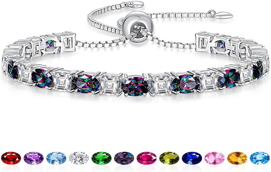 Sterling Silver Birthstone Bracelets for Women White Gold Tennis Bracelets Adjustable Chain 6-9 Inchs Jewelry Hypoallergenic Anniversary Birthday Gifts for Women Mom Wife Her