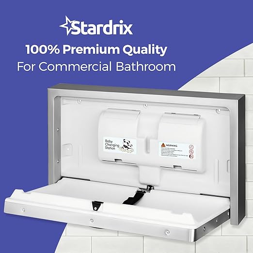 Panda Care Stainless Steel Surface Mounted Baby Changing Station, Heavy Duty Foldable Diaper Changing Table with Liner Dispenser and Adjustable Safety Belt for Commercial and Business