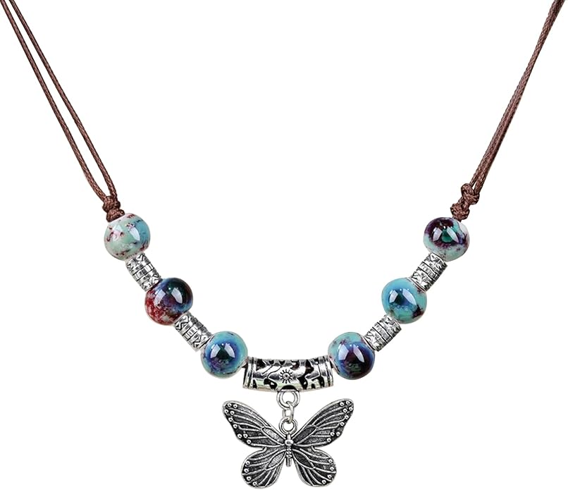 Boho Style Colorful Ceramic Bead Strand Necklace Adjustable Bohemian Jewelry Gift for Women, Fashion Clothing Matching Necklace