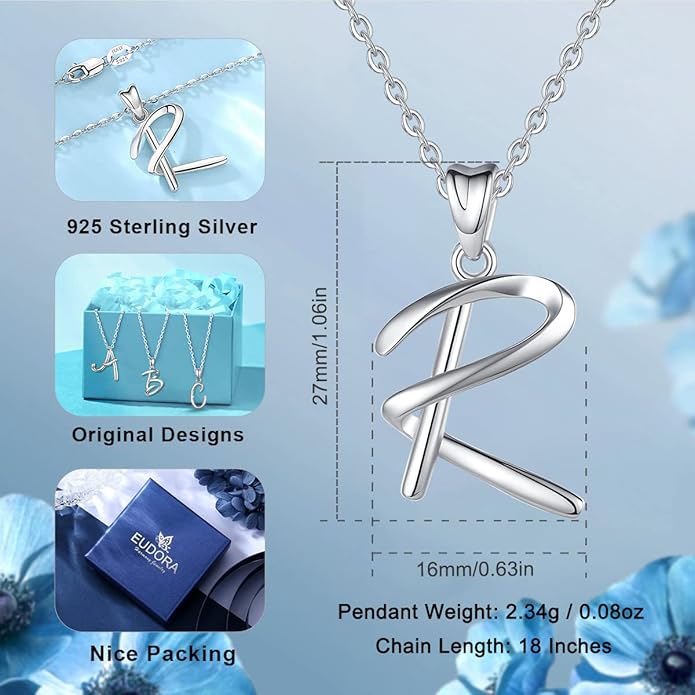 EUDORA Sterling Silver Initial Necklaces for Women, Classic 26 Letter Neckless Gifts for Girls, Sister, Mother Daughter, 18 inch Chain