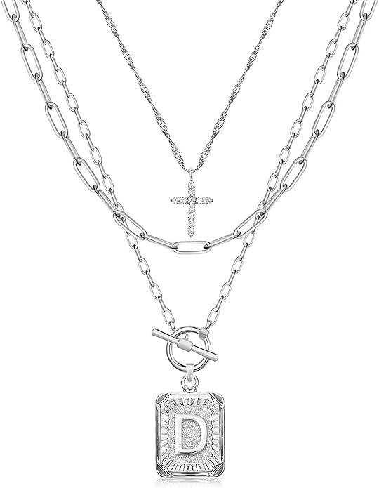MJartoria Layered Initial Necklaces for Women Trendy, 14K Gold Plated Brass Simple Dainty Cross Choker Square Letter Pendant Necklace, Paperclip Chain Necklaces Jewelry