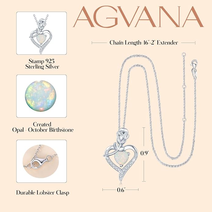 AGVANA Valentines Day Gifts Rosy Reverie Birthstone Necklace for Women Sterling Silver Genuine or Created Gemstone Rose Flower Heart Pendant Necklace Anniversary Birthday Gifts for Women Mom Wife Her