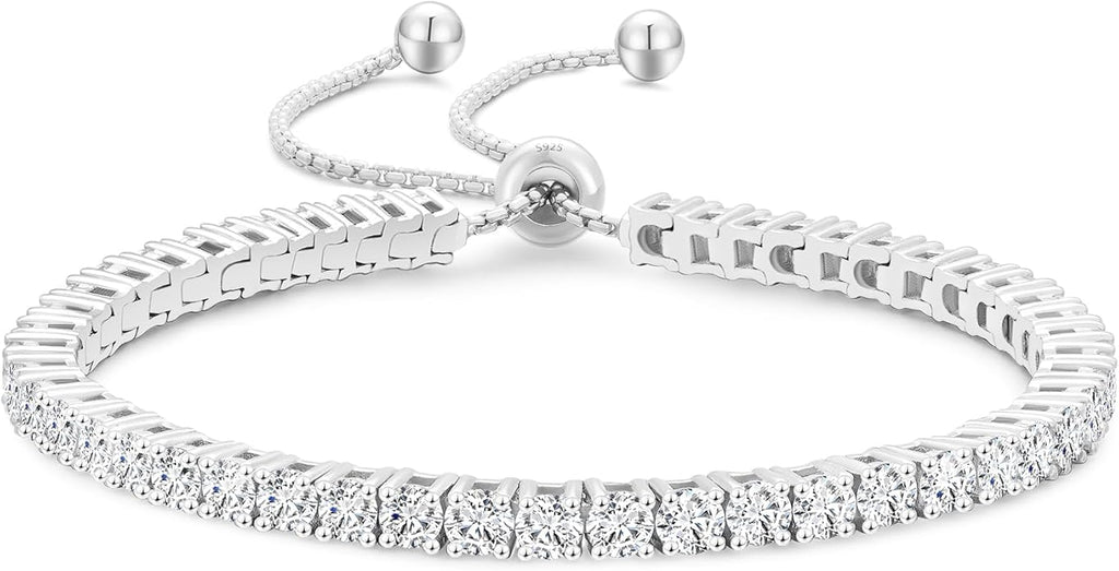 KRKC&CO Tennis Bracelet, Adjustable Length S925 Sterling Silver 2/3/4mm, Christmas Birthday Gifts for Her, Gift Box, Cubic Zirconia Bolo Bracelets for Women White/14K Gold Plated, Hypoallergenic