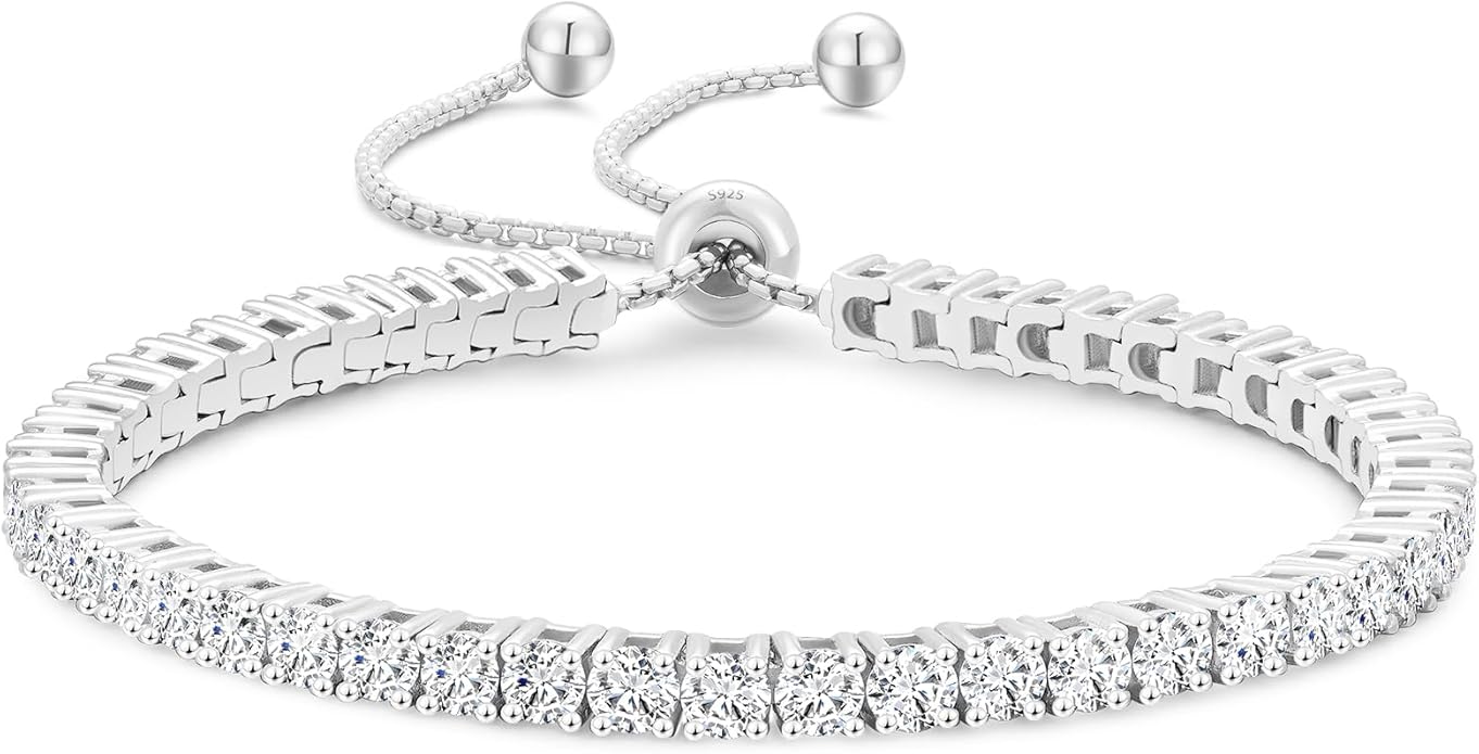 KRKC&CO Tennis Bracelet, Adjustable Length S925 Sterling Silver 2/3/4mm, Christmas Birthday Gifts for Her, Gift Box, Cubic Zirconia Bolo Bracelets for Women White/14K Gold Plated, Hypoallergenic