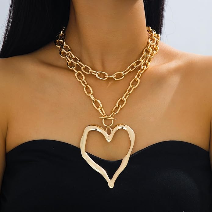 Chunky Gold Necklace Big Heart Necklace for Women Silver Large Statement Necklaces Thick Bold Chain Puffy Love Heart Charm Necklaces for Women with OT Toggle Silver Chunky Gold Jewelry Trendy Valentine's Day Gift