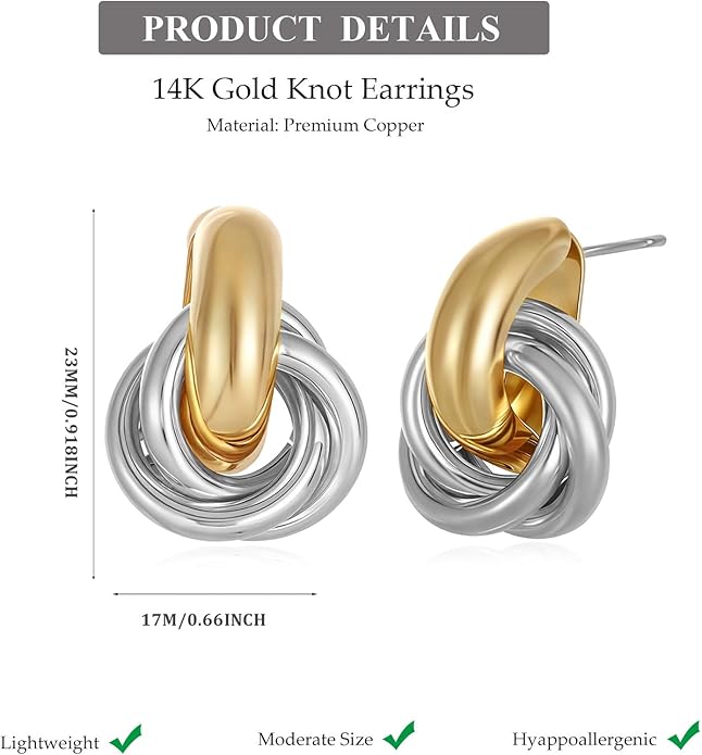 14K Gold Plated Knot Earrings for Women Gold Silver Earrings Heart Link Drop Dangle Earring Chunky Golden Knotted Statement Jewelry