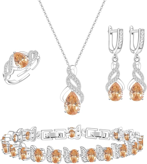 LMXXVJ Jewelry Set for Women,Teardrop Cubic Zirconia Necklace Earrings Adjustable Ring Bracelet Jewelry Set Formal Jewelry Gift