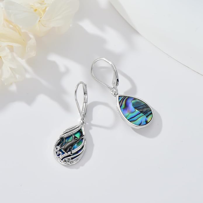 Animal Earrings 925 Sterling Silver Abalone Shell Dangle Drop Earrings Leverback Earrings Cute Animal Jewelry Gifts for Women Girlfriend