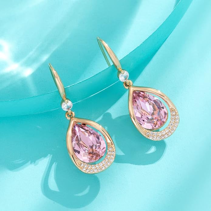 Austrian Crystal Halo Teardrop Hollow Drop Dangle Earrings for Women 14K Rose Gold Plated Hypoallergenic Jewelry Gifts