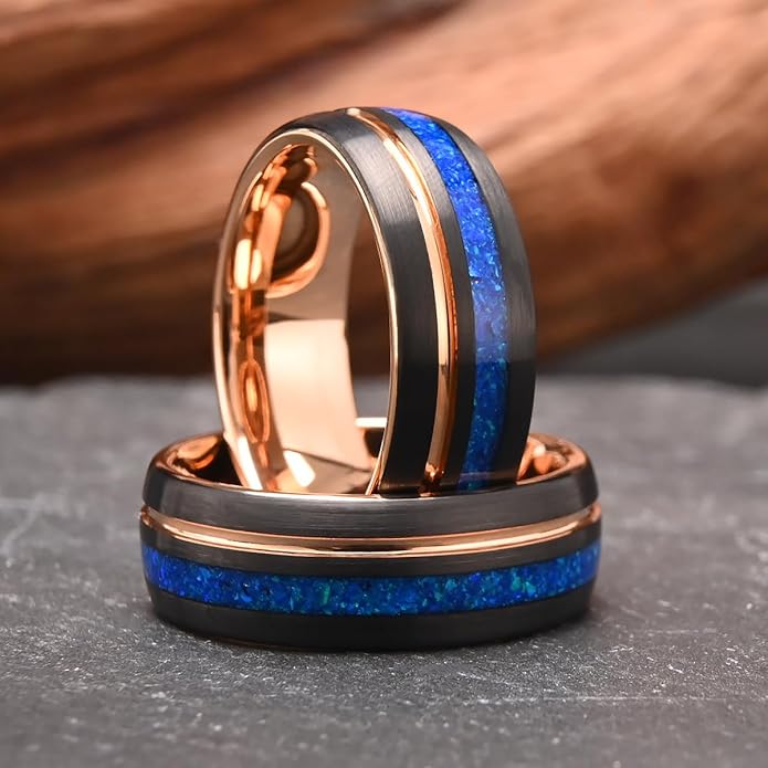 Tungsten Carbide Rings for Men Women 8mm Men's Engagement Wedding Bands Rose Golden Grooved Inlaid Blue Opal Matte Brushed