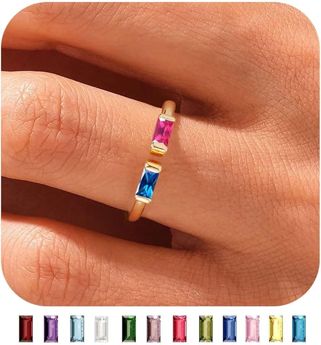 WFYOU Gold Birthstone Rings for Women - Non Tarnish Dainty 14K Gold Plated Stackable CZ Rings for Her & Couples - Personalized Jewelry Gift for Birthday
