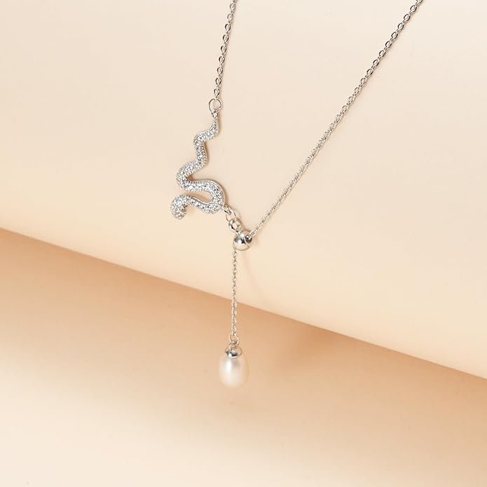 IDOKAWA Bowknot/Snake Pendant Imitation Pearl Necklace Gorgeous Y Necklace for Women AAA Quality Alloy Fashion Jewelry Gifts for Wife Friend-Snake