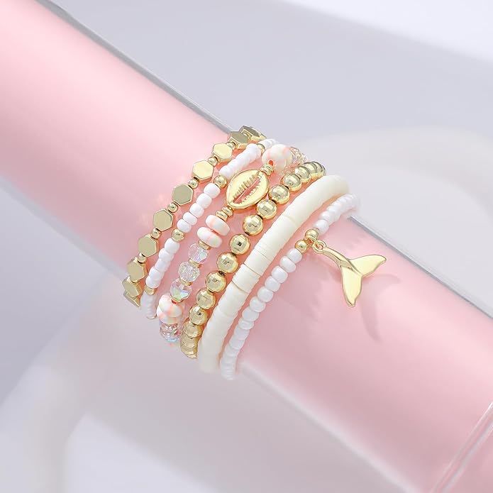 Heishi Beaded Stretch Bracelets for Women Stackable Polymer Clay Beads Bracelets Friendship Boho Summer Beach Bracelet Jewelry Set