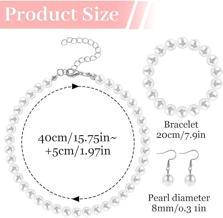 4 Sets Pearl Necklace Bracelet Earrings Set, Classic Faux Pearl Jewelry Set, Pearls Costume Jewelry for Women Brides Bridesmaid Wedding Party
