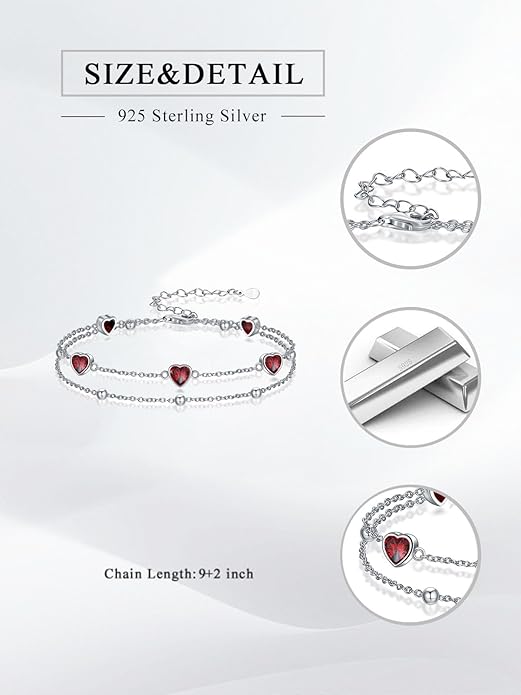 Birthstone Anklet/Bracelets for Women 925 Sterling Silver Charm Link Double Strand Heart Birthstone Jewelry Gift for Wife Women Mother's Day Gift
