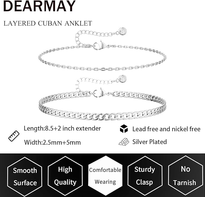 DEARMAY Dainty 14K Gold Plated Ankle Bracelets for Women, Waterproof 14K Gold Plated Link Chain Anklets Non Tarnish Set Pack Summer Beach Jewelry Gift