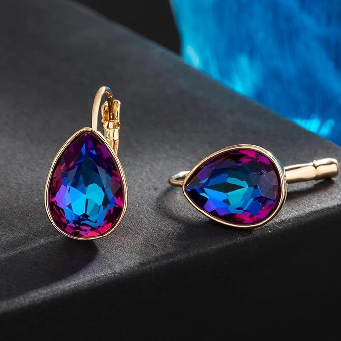 Teardrop Austrian Crystal Leverback Drop Earrings for Women 14K Rose Gold Plated Hypoallergenic Jewelry